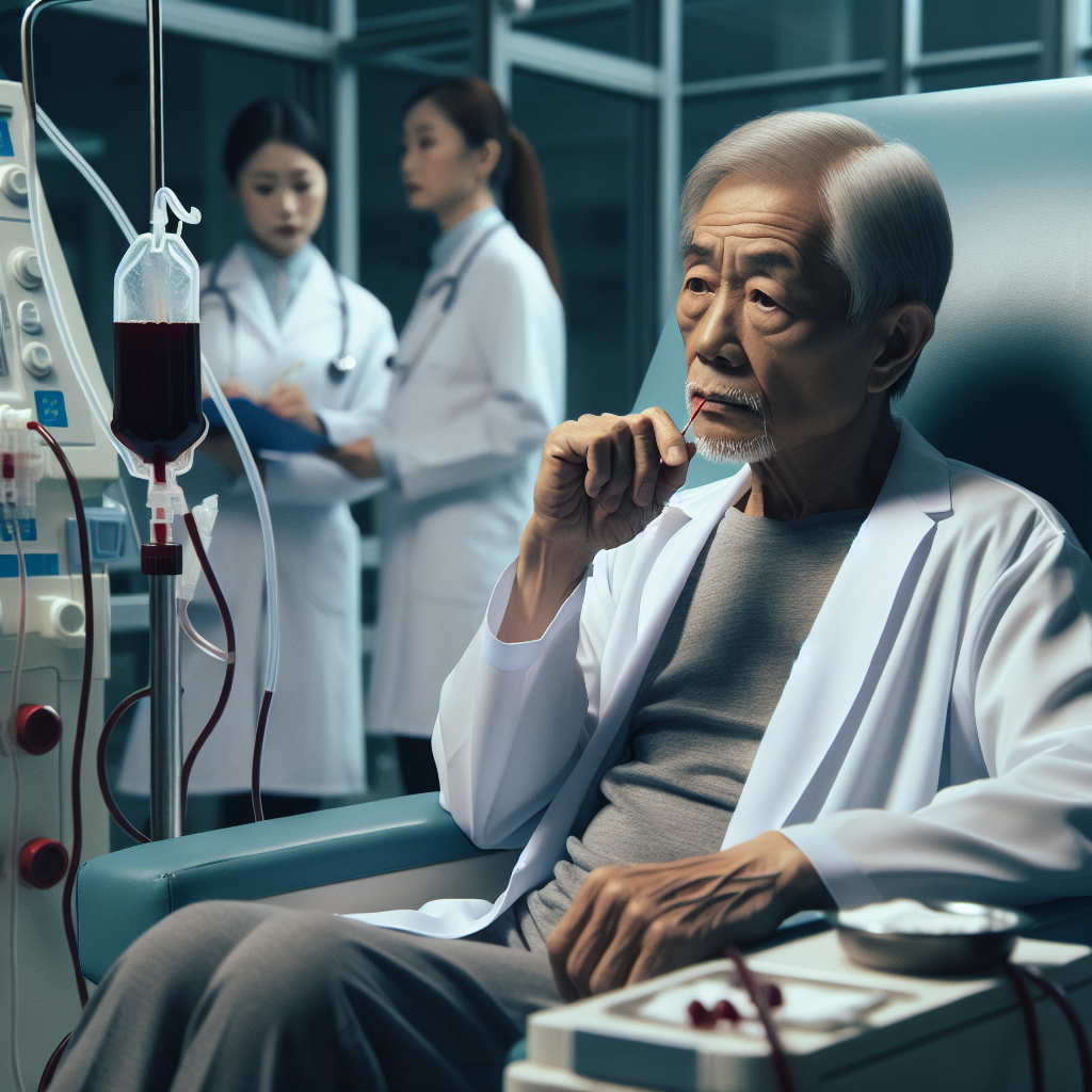 Certainly! Here's a DALL-E 3 image prompt for your blog post: "Create an image depicting a 60-year-old Chinese man sitting in a dialysis clinic. He appears contemplative and is holding a toothpick in his hand, hinting at frequent toothpicking. The setting includes a dialysis machine with medical staff in the background, emphasizing the seriousness of his condition. The atmosphere should convey a sense of concern regarding health and dental habits. Ensure all individuals in the image are of Chinese descent."