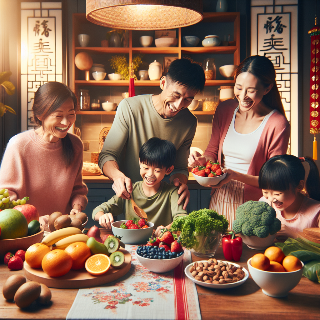 Create an image that showcases a vibrant and diverse array of the world's top nine healthiest foods as revealed by the BBC. Feature an inviting kitchen scene with a Chinese family joyfully preparing and sharing a meal. Include colorful, high-vitamin C fruits like oranges, kiwis, and strawberries, along with various nuts prominently displayed on the table. Have the family members—two adults and two children—interacting with the ingredients, evoking a sense of harmony, health, and happiness. The kitchen setting should be warm and inviting, with traditional Chinese elements subtly integrated into the decor.