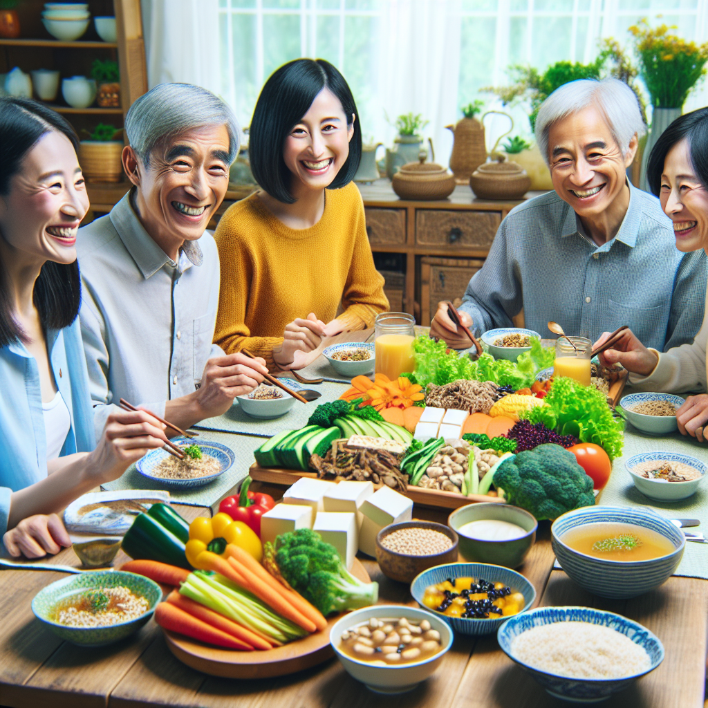 Create an image of a diverse group of Chinese people enjoying a vibrant, colorful vegetarian meal at a table filled with various plant-based dishes. The scene is lively and bright, with the individuals smiling and interacting, showcasing a sense of community and health. Include fresh vegetables, tofu, and a variety of grains, highlighting the theme of a balanced diet. The background should be a warm, welcoming kitchen setting to emphasize the concept of healthy living and preventing osteoporosis through diet.