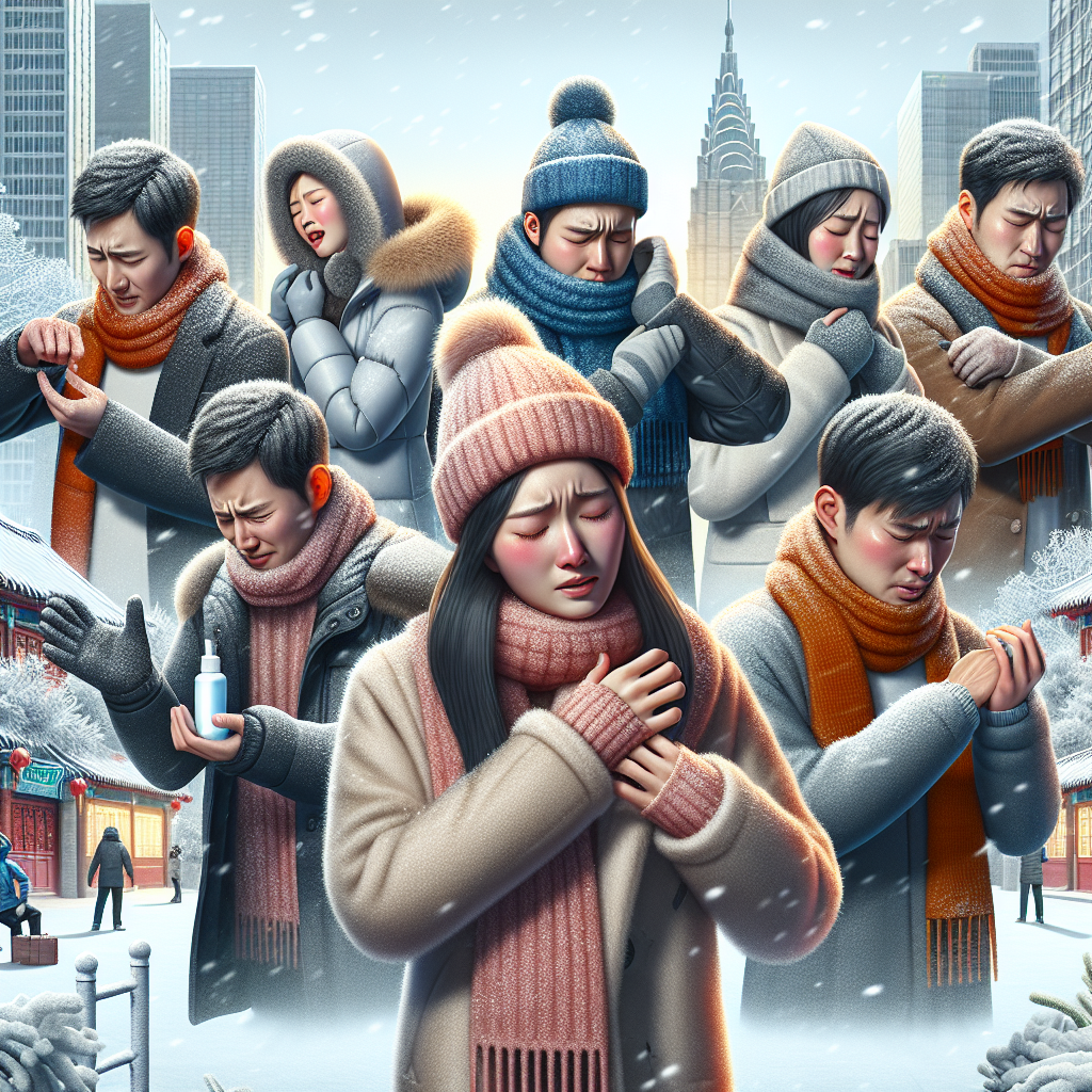 Here's a prompt you can use for creating an image with DALL-E 3: "Create an image depicting a group of Chinese people in winter clothing experiencing dry, itchy skin and discomfort, set in a cold, snowy urban environment. The individuals are engaged in different activities such as applying moisturizer, rubbing their hands, or wearing scarves and gloves to protect themselves from the cold. The background shows snow-covered buildings and trees, emphasizing the harsh winter weather conditions."