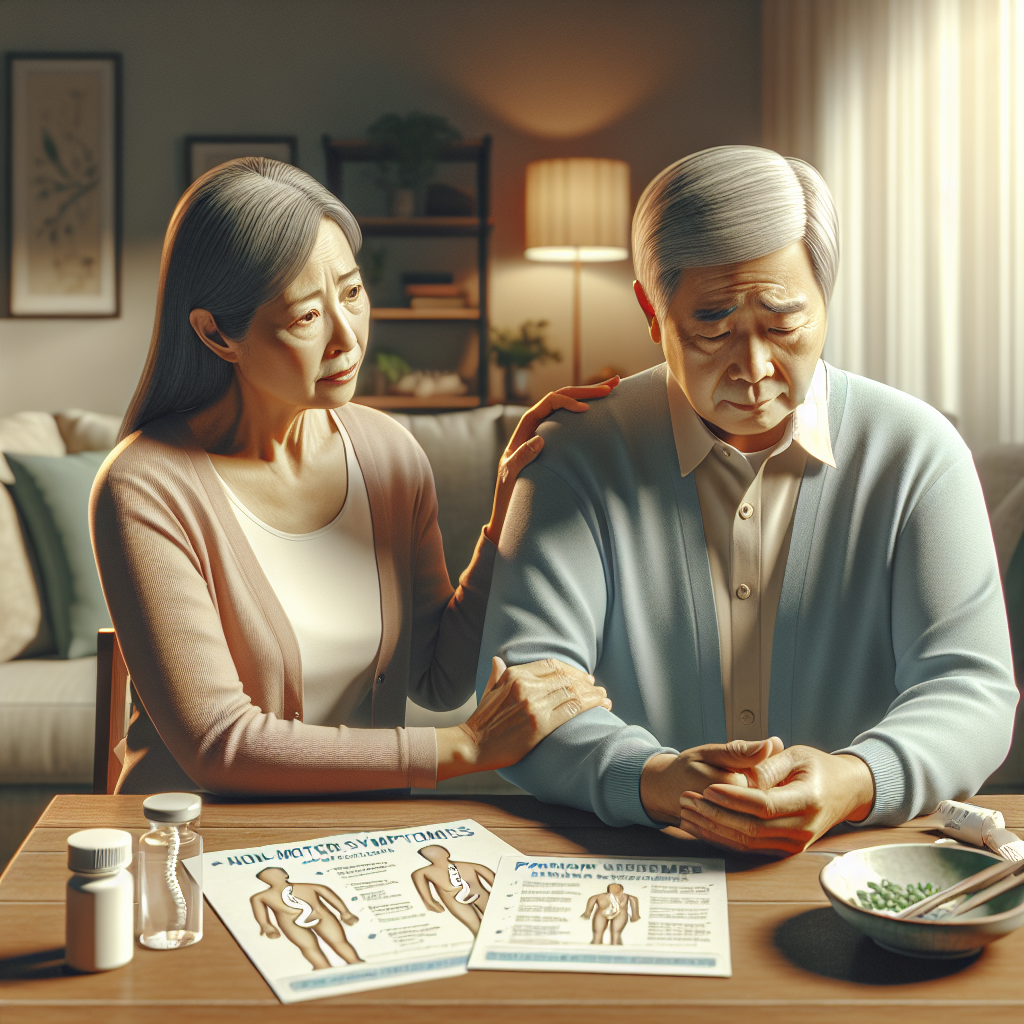 Create an image illustrating a serene and informative scene focusing on the non-motor symptoms of Parkinson's disease, such as dizziness and constipation. The image should feature a middle-aged Chinese couple sitting at a table, engaged in a warm and supportive conversation. The woman, appearing slightly concerned, gently holds her partner's hand, as the man exhibits subtle signs of dizziness. On the table, include a few informative pamphlets about Parkinson's disease, emphasizing awareness and education. The background should depict a cozy and inviting living room setting, with soft natural lighting to create a comforting atmosphere.