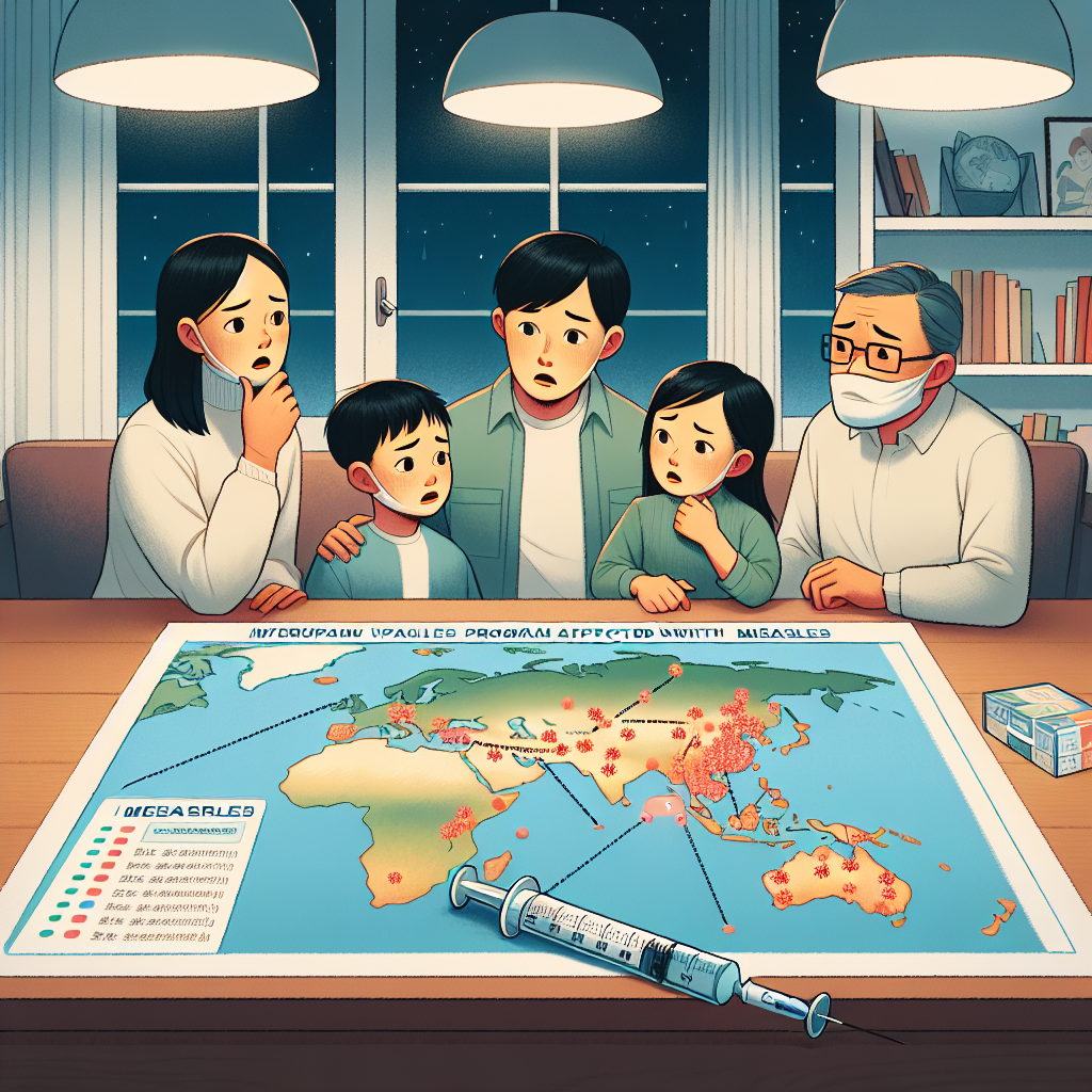 Based on the context of your blog post, here's a suitable prompt for DALL-E to generate an image: "Illustrate a concerned Chinese family discussing health while looking at a world map on a table. The map highlights regions affected by measles, especially Southeast Asia and Australia. Include a symbolic representation of interrupted vaccination programs, like a broken syringe or paused calendar. The setting should be a cozy home environment, reflecting a sense of community awareness and global concern." This prompt should create an image that visually supports the themes of your blog post.